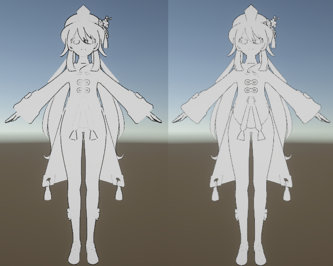 描边对比：右为平滑法线后的效果